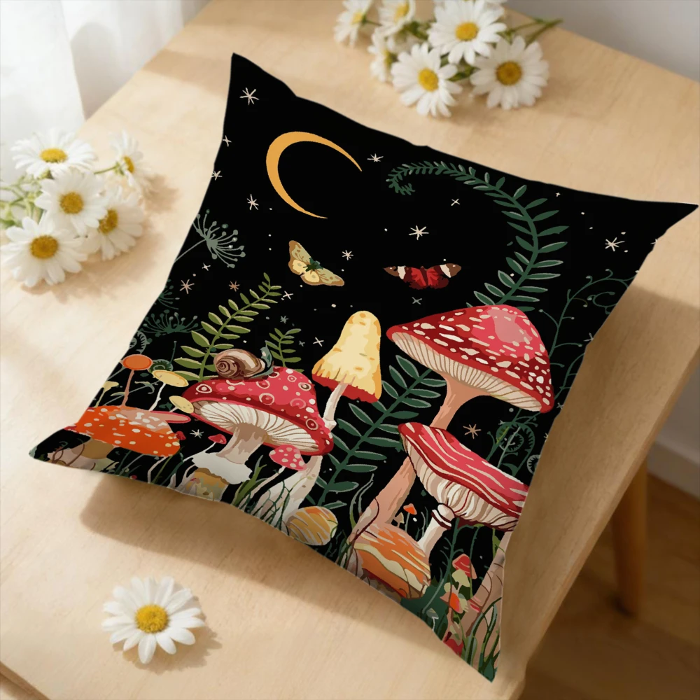 1Pc Mushroom Forest Night Sky Cushion Cover Black Moon Stars Ferns Sofa Bed Living Room Soft Fabric