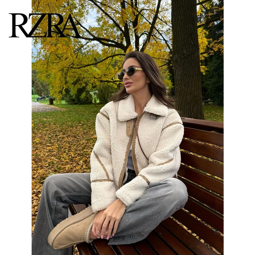 RZRA2024 nueva ropa de invierno para mujer chaqueta de solapa de doble cara de lana a rayas de colores contrastantes moda cálida versátil