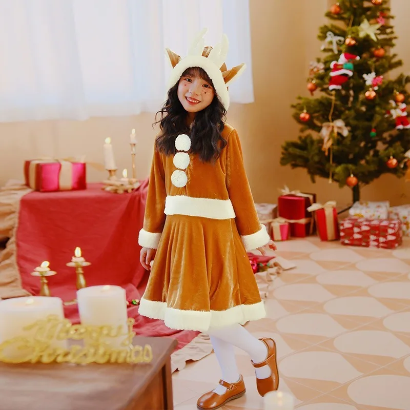 Kawaii Reindeer Japanese Christmas Dress for Girls Santa Brown Long Sleeve Gown Christmas Party Costume Xmas Stage Performance