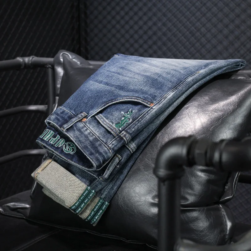 High-End Retro Embroidered Jeans Men's 2024 New Style Fashionable Korean Slim Fit Straight Trend Men's Clothing Stretch Pants