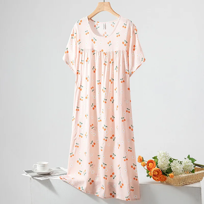 Chemise de nuit à manches courtes pour femmes, robe de pyjama d\'été, chemise de nuit à col rond, chemise de nuit imprimée, vêtements de maison,