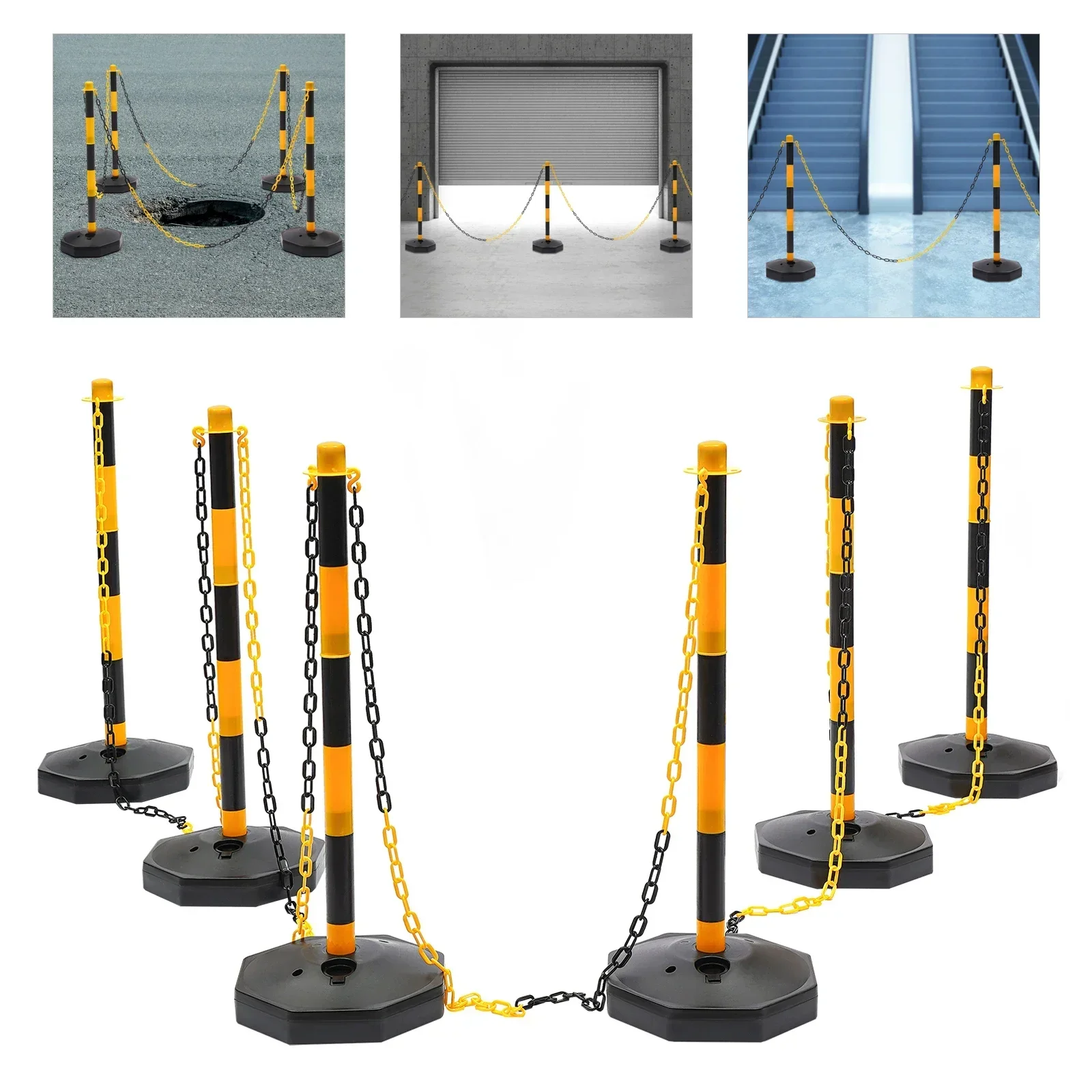 

НОВЫЕ 6 шт. пластиковых дорожных конусов-ограничителей безопасности с 5 цепями, наполняемым основанием, 33,5 дюйма, желтые и черные