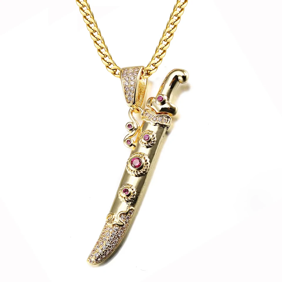 

VANAXIN Iced Out Sword Pendant Link Chain Necklace 14K Gold Plated Hip Hop Urban Jewelry Gift Cubic Zirconia for Women Men