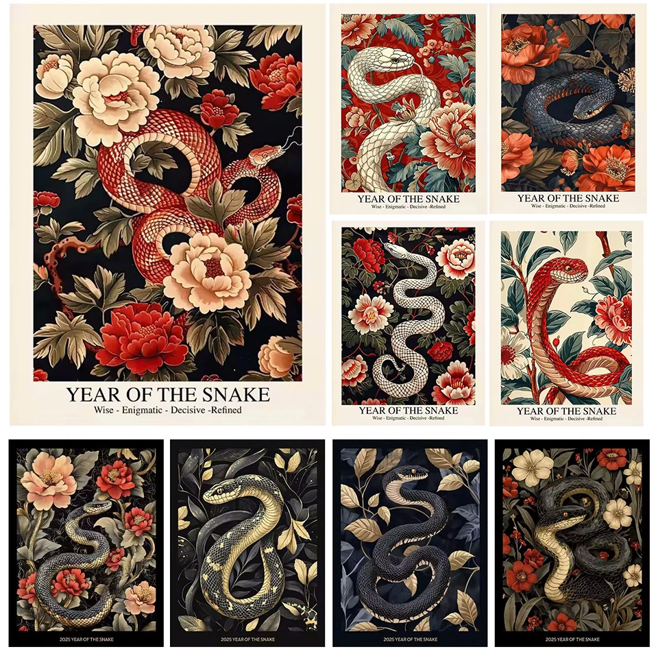 2025 Jahr der Schlange 5D DIY Diamant Schlangenkunst Chinesisches Sternzeichen Retro Bilder Rhinotone Mosaik Heimdekoration Geschenk