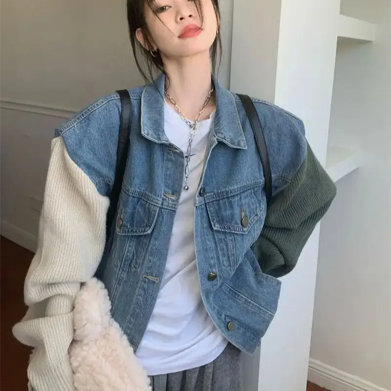 Denim Coat Contrast Color Patchwork All-Match Hipster Hip Hop Women Fashion Youthful Popular Simple College Autumn Jackets