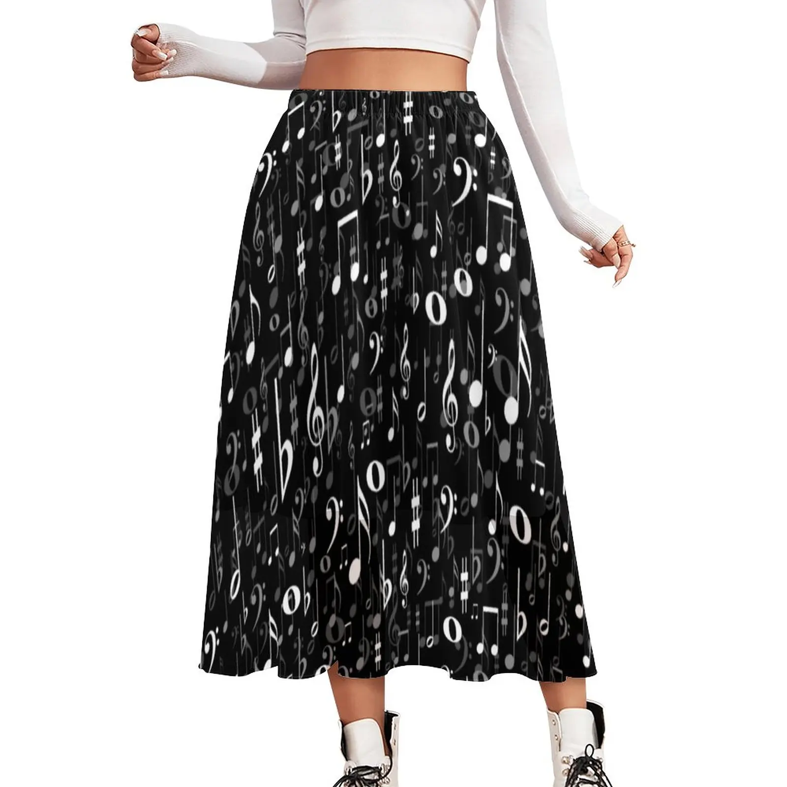 Fun Music Notes Chiffon Skirt Black And White Street Fashion Casual Skirts Beach Boho Skirt Custom Clothing Birthday Present