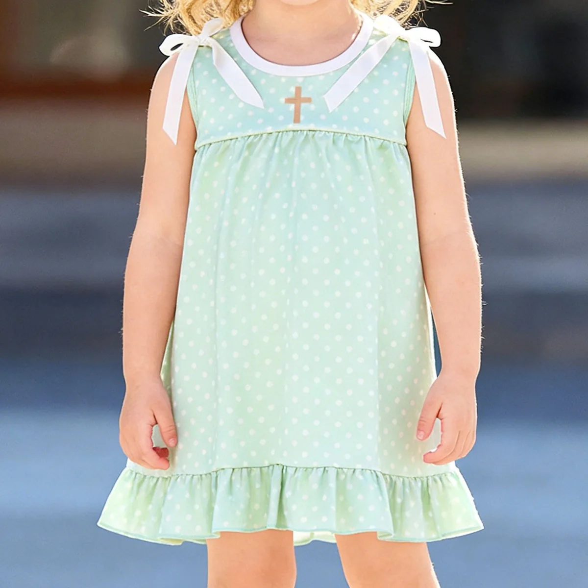 

Toddler Baby Girl Green Polka Dots Cross Easter Ruffle Knee Length Dresses Children Princess Cute Clothes Boutique Wholesale