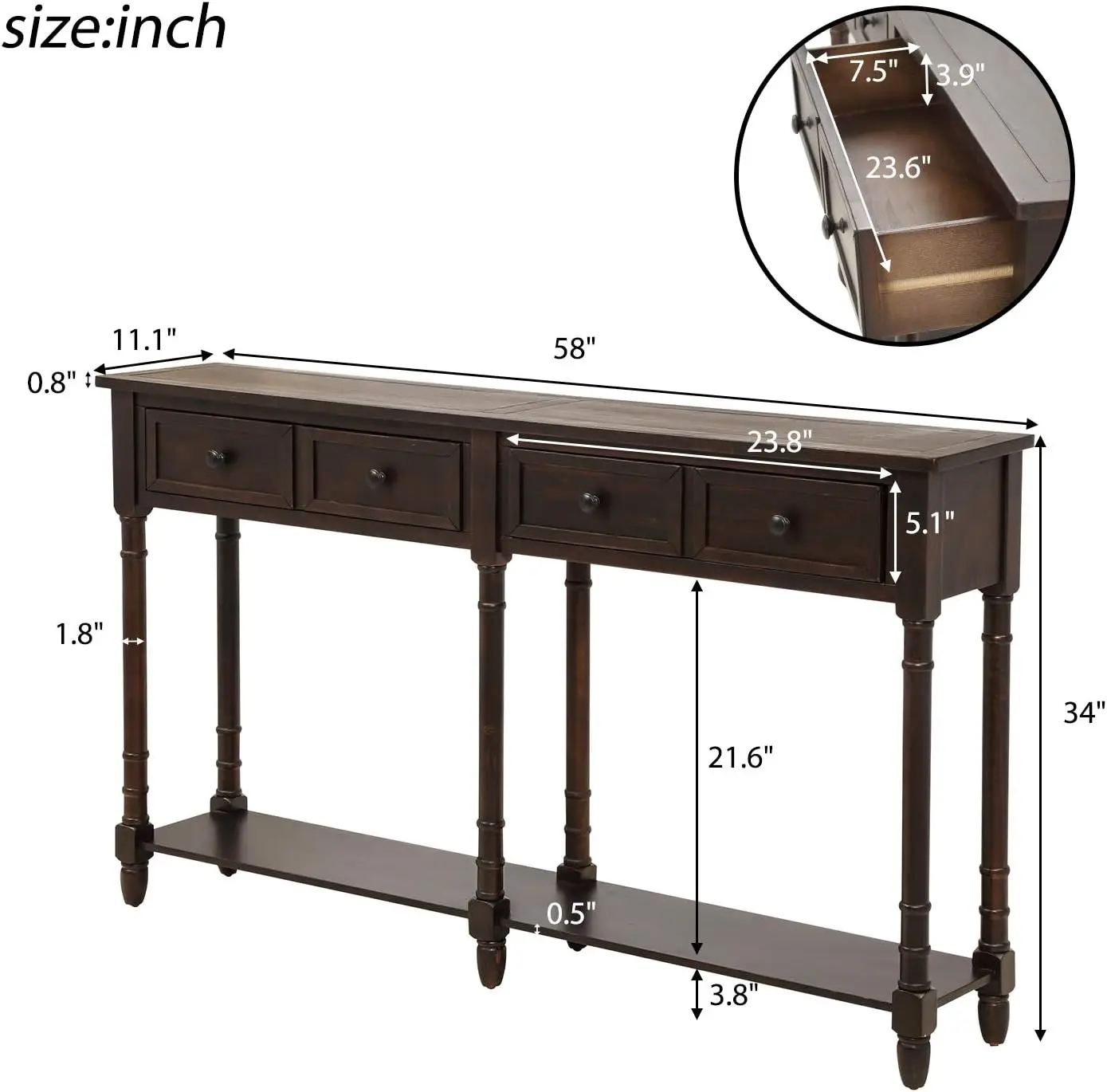 Tavolo consolle in legno Tavolino da divano con due cassetti portaoggetti, ingresso, facile montaggio, consolle rustico per soggiorno (Espresso)