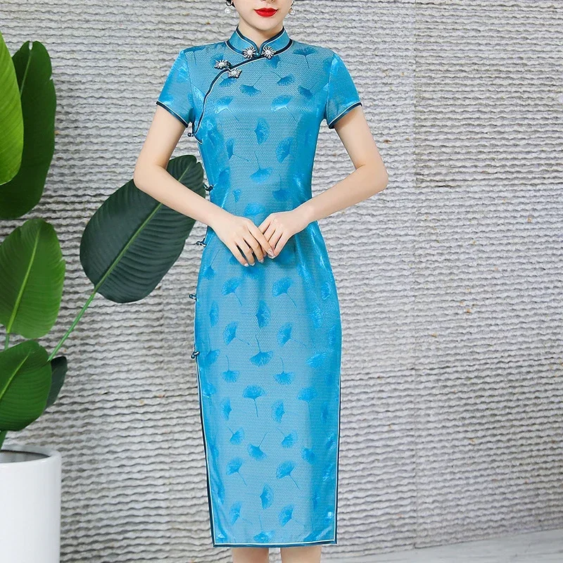 

Jacquard Mandarin Collar Cheongsam Qipao Dress Slim Short Sleeve Chinese Traditional Dresses Sexy Silk Women Formal Party Gown