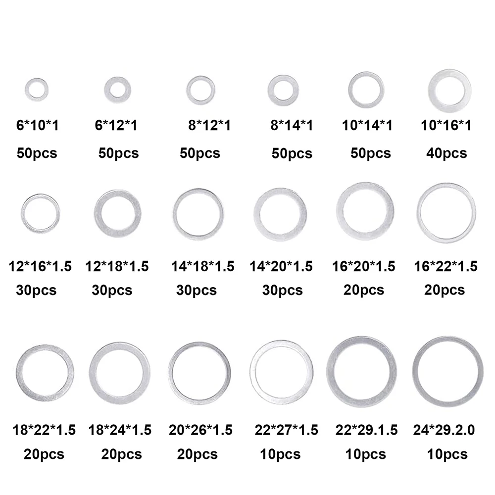 540pcs aluminum flat washers, automotive oil drain plug gaskets, including metric 18 size M6 M8 M10 M12 M14 M16 M18 M22 M24