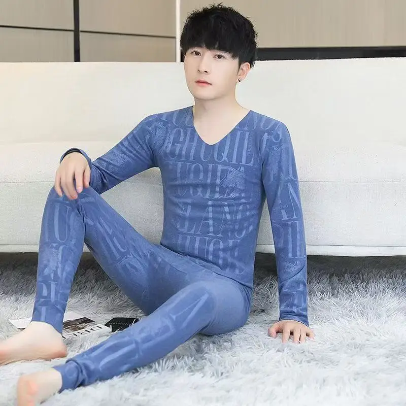 Conjunto de roupa interior térmica masculina inverno nova camisa de fundo sem costura roupas engrossadas veludo auto-aquecimento conjunto de pijamas modais