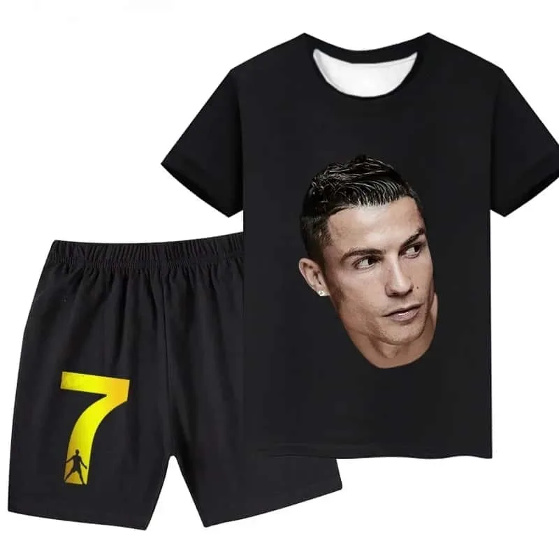Ronaldo Head Print #7 Summer Adult Children's T-shirt Set 3D Short Sleeve Shorts 2-piece Set Boys and Girls Gift Football Shirt