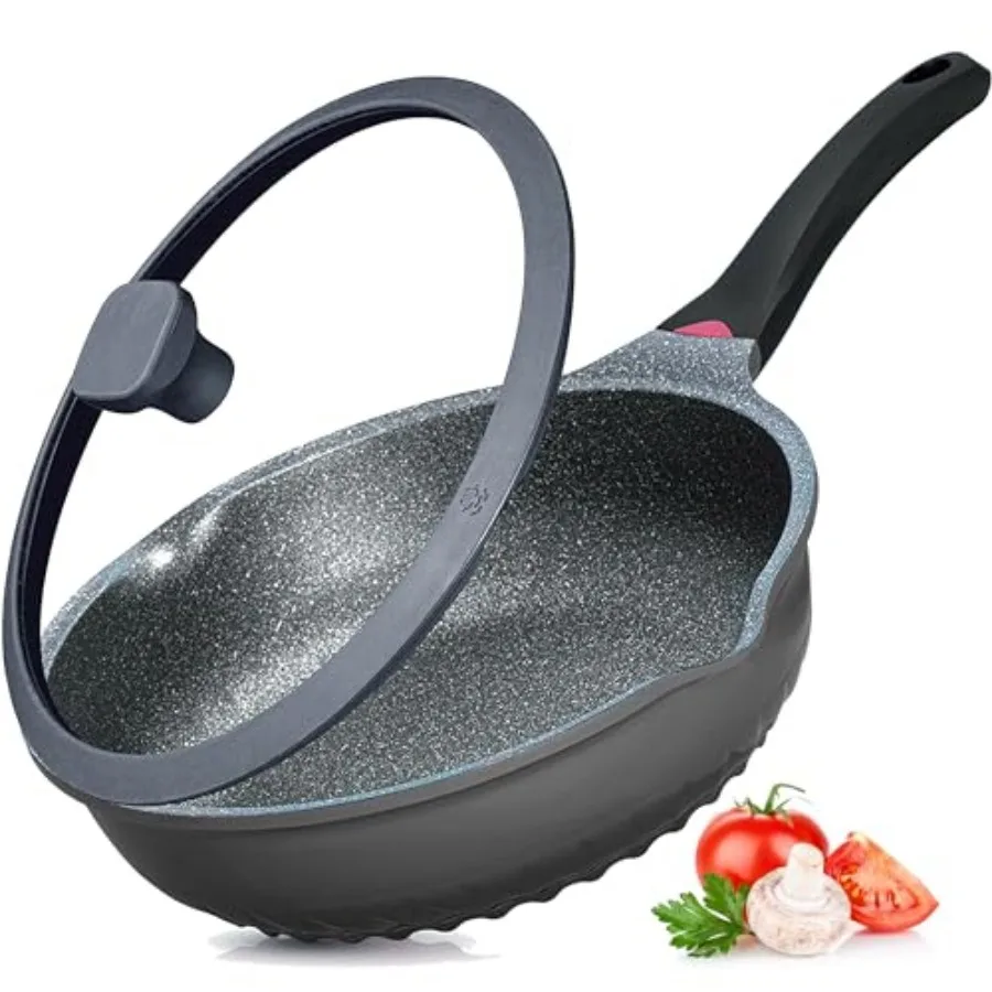 

New Handle Update 11In/5Qt Aluminum Nonstick Deep Frying Pan with Lid and Heat Indicator Anti Scratch and Anti Stain Deep Saute