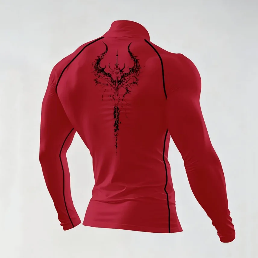 Dunkles Gothic-Sport-Kompressionsshirt mit Dämonen-Totem-Aufdruck, Stehkragen, für Männer, zum Gewichtheben und Laufen, Langarm-Sportbekleidung – Detail 3