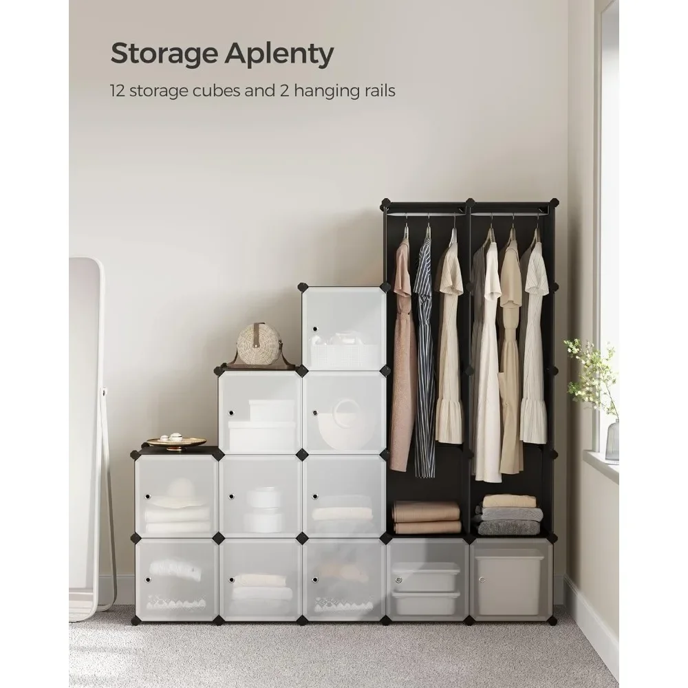 Cube Storage Organzier Portable Wardrobe Closet,12 Cubes DIY Plastic Armoire Cabinet Modular Shelves Unit with Doors and Hanging