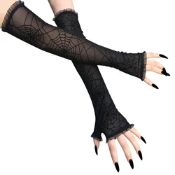 Fashion Women Halloween Costume Black Lace Sunscreen Sleeve Witch Role Play Spider Web Long Half Finger Gloves Girl Party Gift