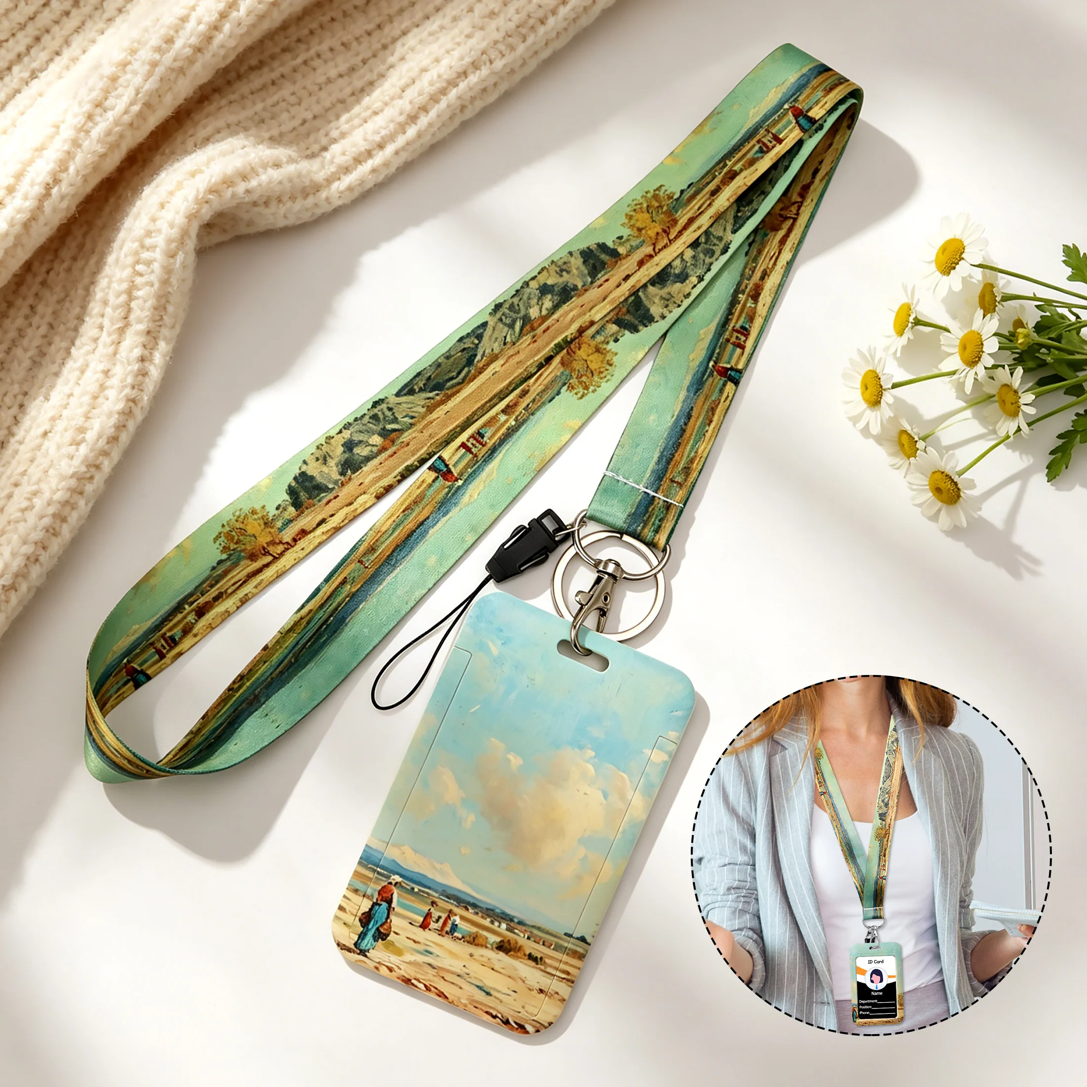 1pc Van Gogh Oil Painting Style Neck Teacher Lanyard with Card Holder Artistic Neck Strap Lanyard for Key Work ID Phone Bus Card