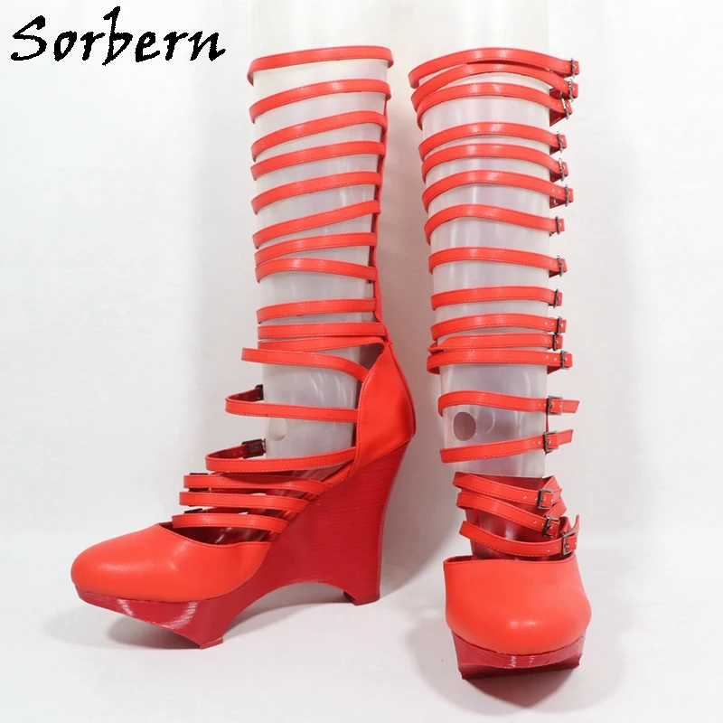Sorbern Red Special Wedge High Heel Boots For Summer Glaidator Style Multi Buckles Platform Shoes Waved Heels Custom Color