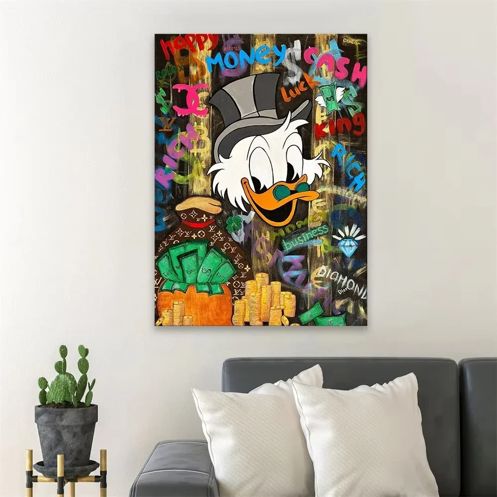 فن البوب قماش اللوحة الكتابة على الجدران دونالد داك الحب المال يطبع ديزني بيتكوين ريتش داك غرفة نوم غرفة المعيشة الديكور ملصق