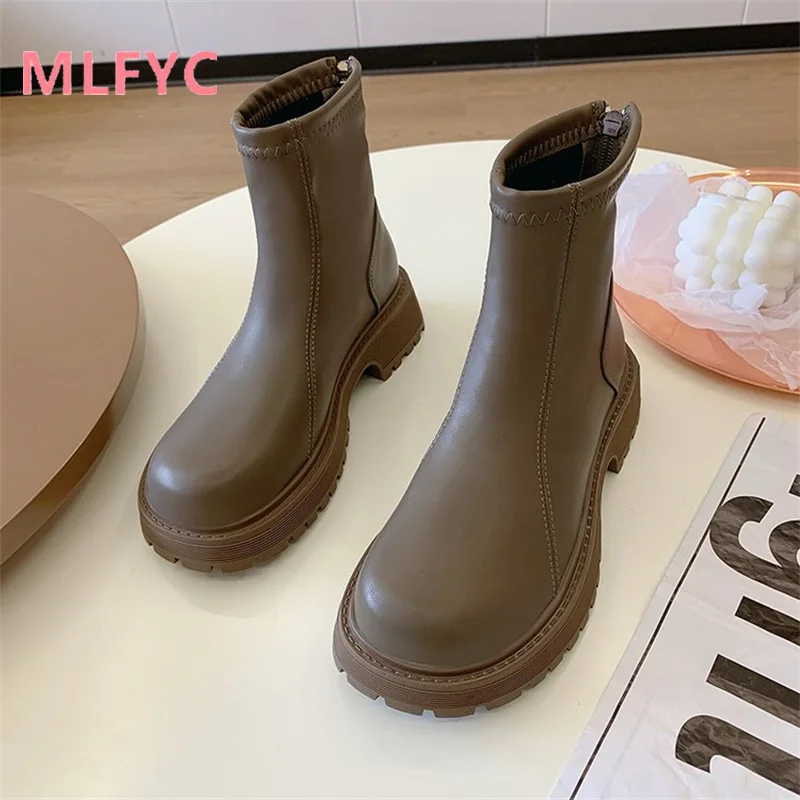 Women's Spring and Autumn Pinecake Thick Sole Short Boots Versatile Medium Sleeve Single Boots Casual PU mujer Boots