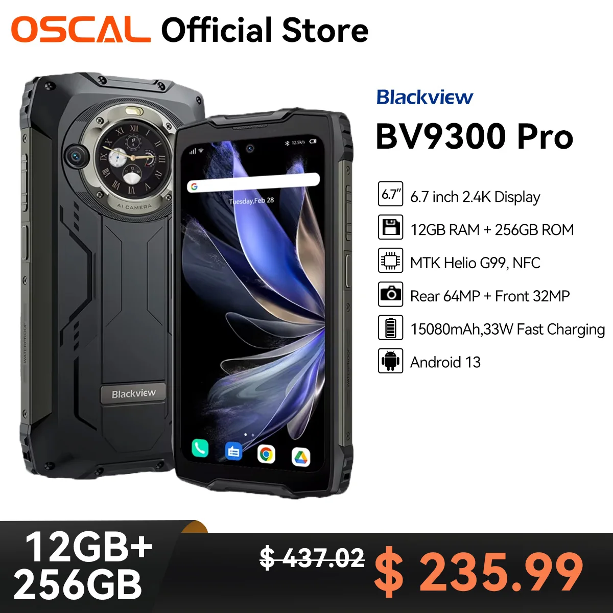 OSCAL Blackview BV9300 Pro Rugged Phone, 6.7'' 120Hz Display with G99,12GB 256GB Smartphone, Dual Screen 15080mAh 64MP Cellphone