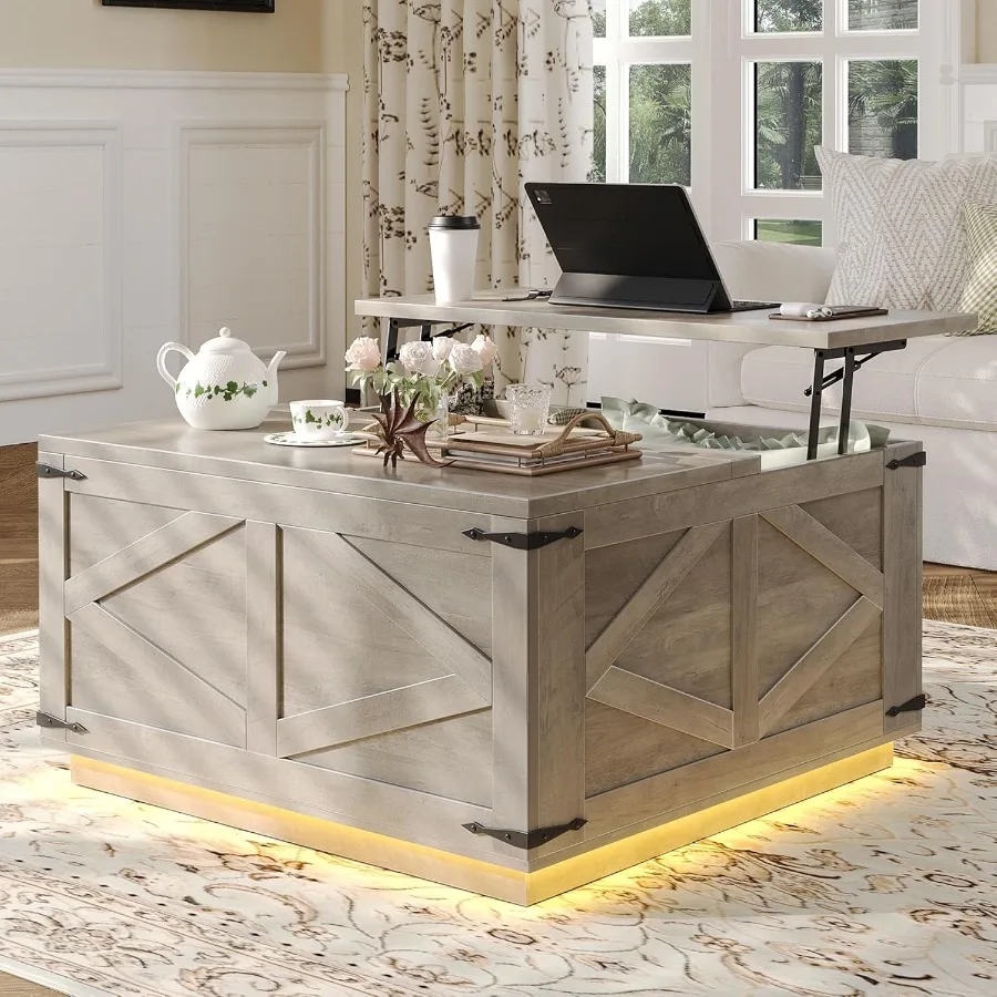 

Журнальный столик в фермерском доме с подъемным верхом для хранения Журнальный столик Квадратный деревянный центральный стол со светодиодной подсветкой Зарядная станцияd Hidden Comp