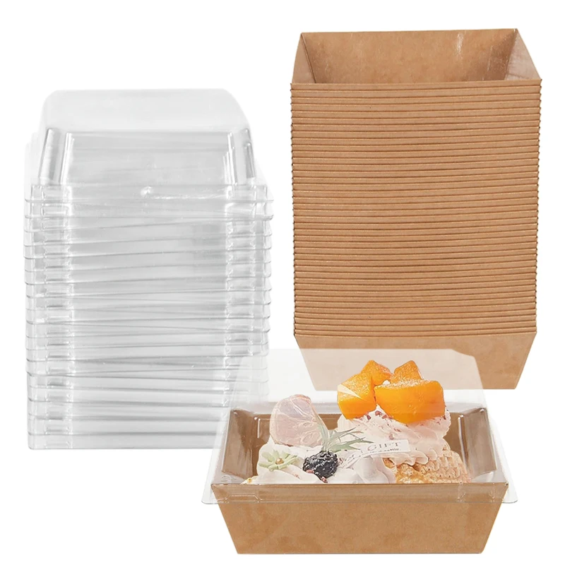 

5pcs Square Clear Kraft Paper Box Lid Dessert Case Organizer Bake Cake Bread Snack Bakery Food Packaging Wedding Party Gift Box