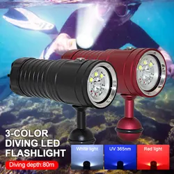 Multifunctional LED Diving Fishing Video Flashlight Underwater 80m Photography LED Light IPX8 Flashlight Waterpoorf White/Red/UV