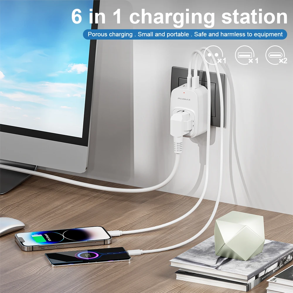 PUJIMAX EU Plug Wall Socket Extender With 1 AC Outlet 1 USB  and 2 Type C Multi Socket Fast Charger For Home Travel