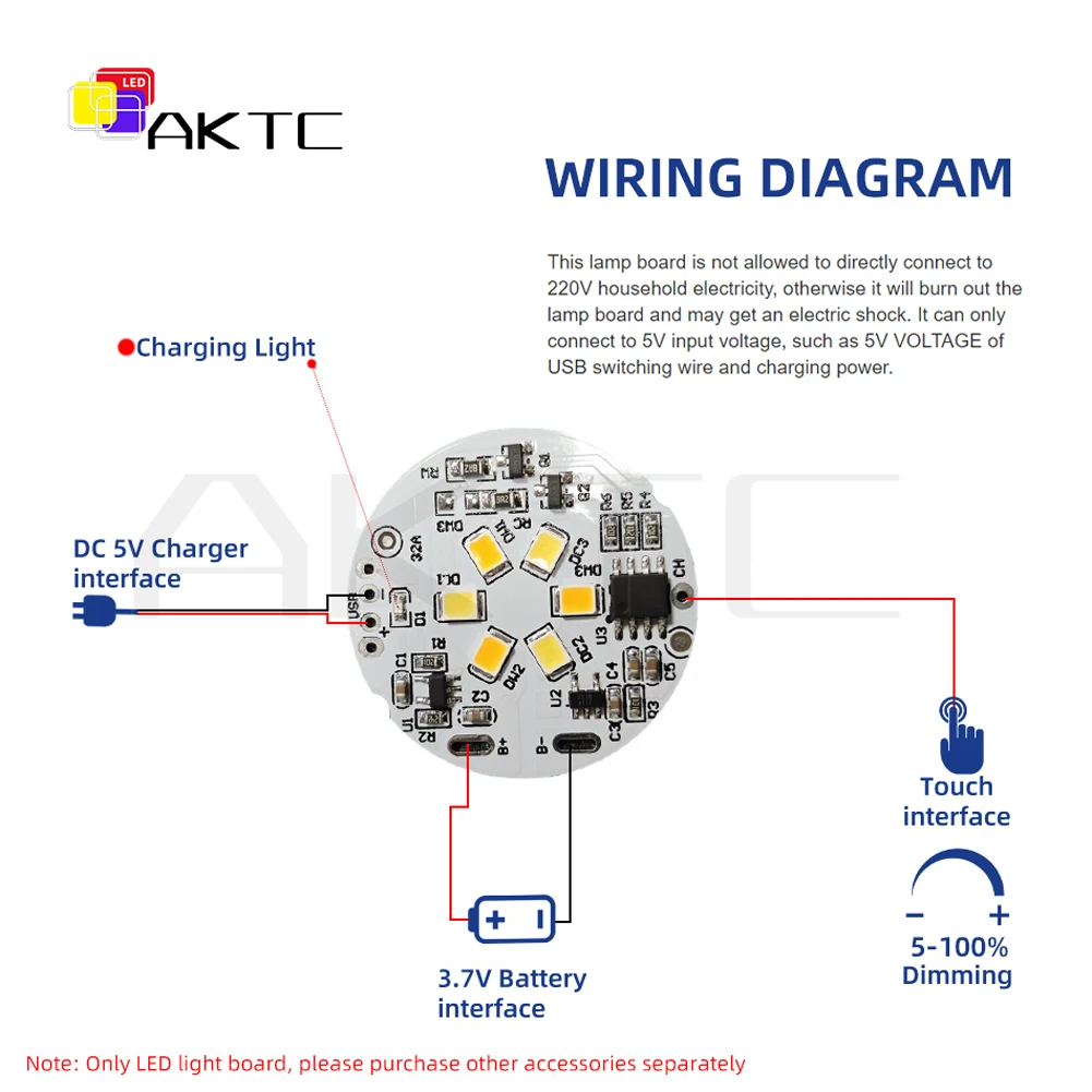 충전식 디밍 LED 야간 램프 조명, 소스 보드 디밍, 터치 켜기/끄기 제어, 3.7V 배터리 충전 호환, DC5V