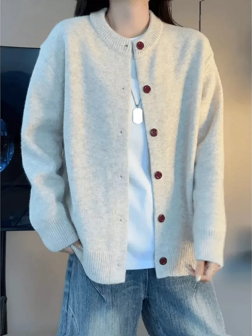 Gray Black Men's Knitted Open Cardigan Sweater round Neck Loose Fit Alpaca Wool Vintage Style Autumn Winter Warm Breathable