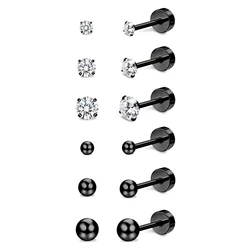 1 Pair 18G Black Stainless Steel Small Tiny Cubic Zirconia Ball Screw Back Cartilage Helix Piercing Stud Earrings for Women Men