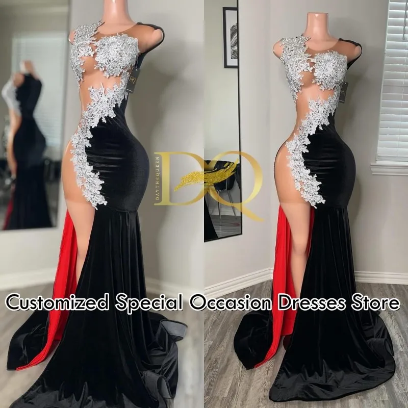 

Sparkle Prom Dresses For Girls 2026 High Quality Velvet O Neck Applique Long Mermaid Side Slit Evening Party Gowns Customized