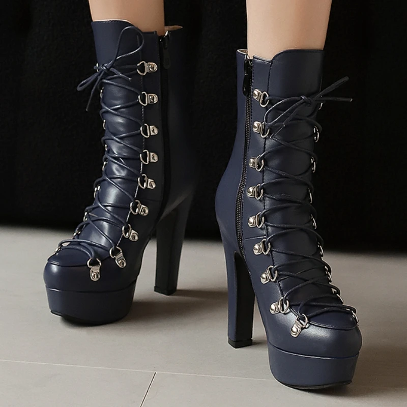 المرأة حذاء من الجلد منصة الخريف الشتاء أحذية 2024 أصفر أحمر أسود قصير التمهيد الدانتيل متابعة الرقص أحذية الحفلات سيدة كبيرة الحجم 45 50 #2