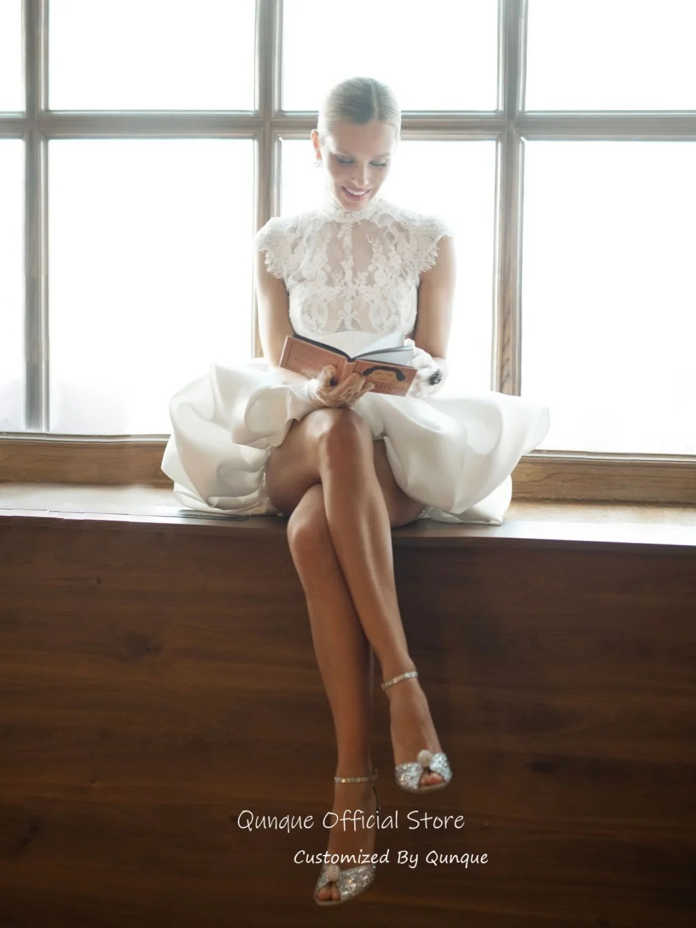Qunque High Neck See Through Wedding Dresses Satin A Line свадебное платье Puffed Bubble Hem Vestido De Novia Boda Customized