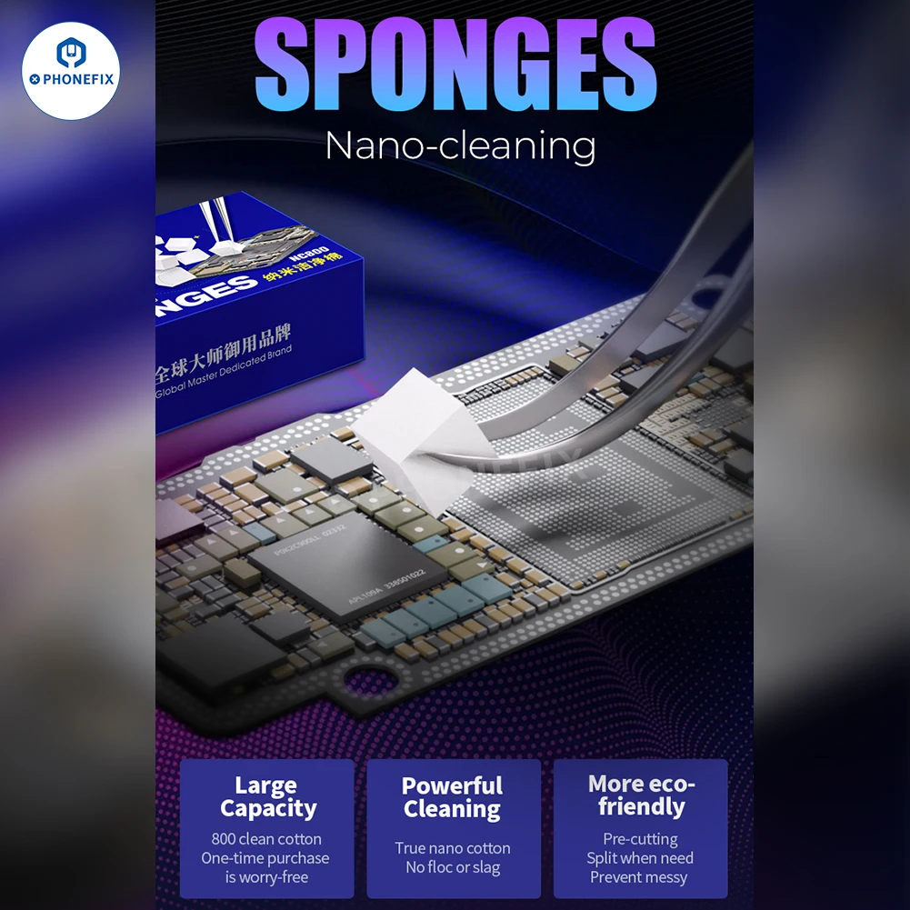 Éponge pré-découpée pour réparation de carte mère PCB de téléphone, outil de nettoyage de livres, pas de floc ou de laitier, absorption de caractéristique, mécanicien, 800 pièces