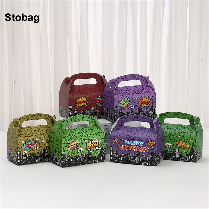 

StoBag 12/24pcs Cartoon Kraft Paper Gift Box Tote Kids Packaging for Cake Candy Food Storage Baking Pouch Birthday Party Favor