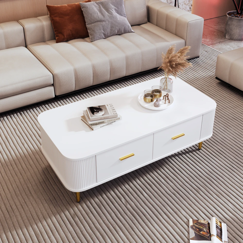 Gebogener Eck-Wohnzimmertisch, goldene Hardware, gewellte Seiten, Doppelfunktions-Couchtisch und Beistelltisch mit Schubladen – Detail 7
