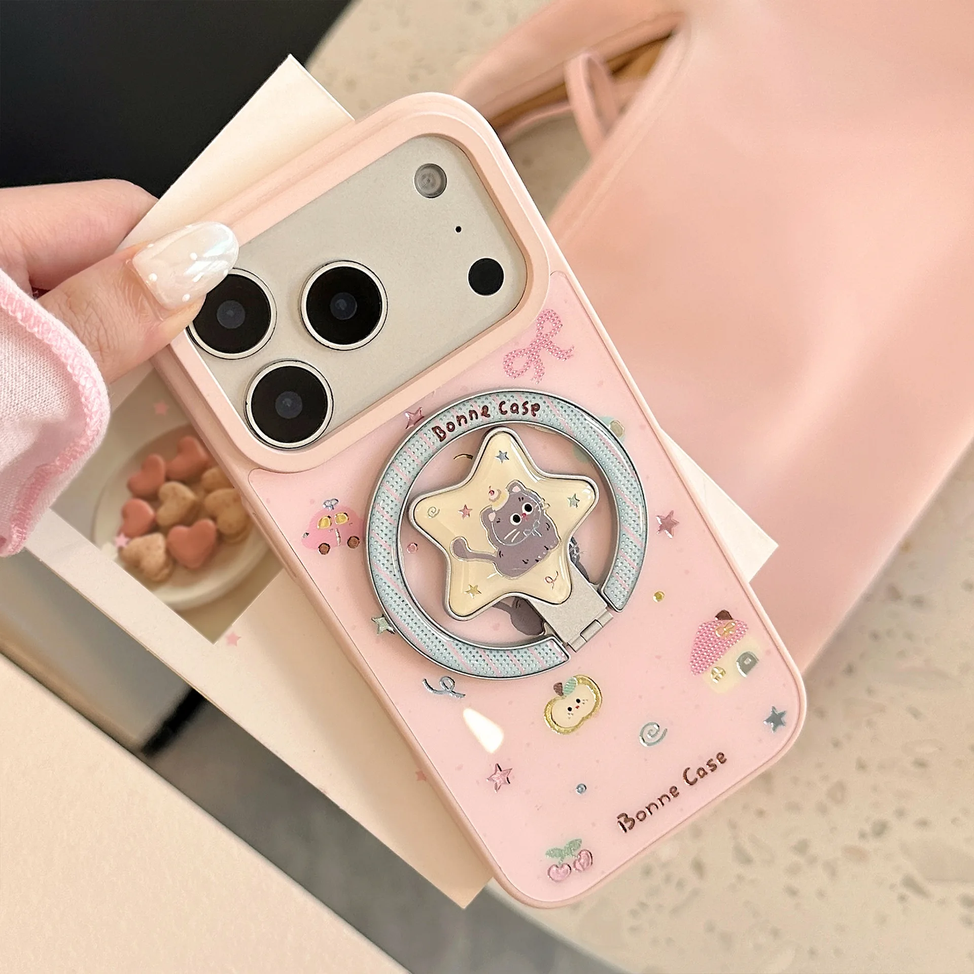 Coque de téléphone de luxe antichoc avec support magnétique motif chaton et étoiles de dessin animé pour iPhone 17 Air 16 15 14 13 Pro Max