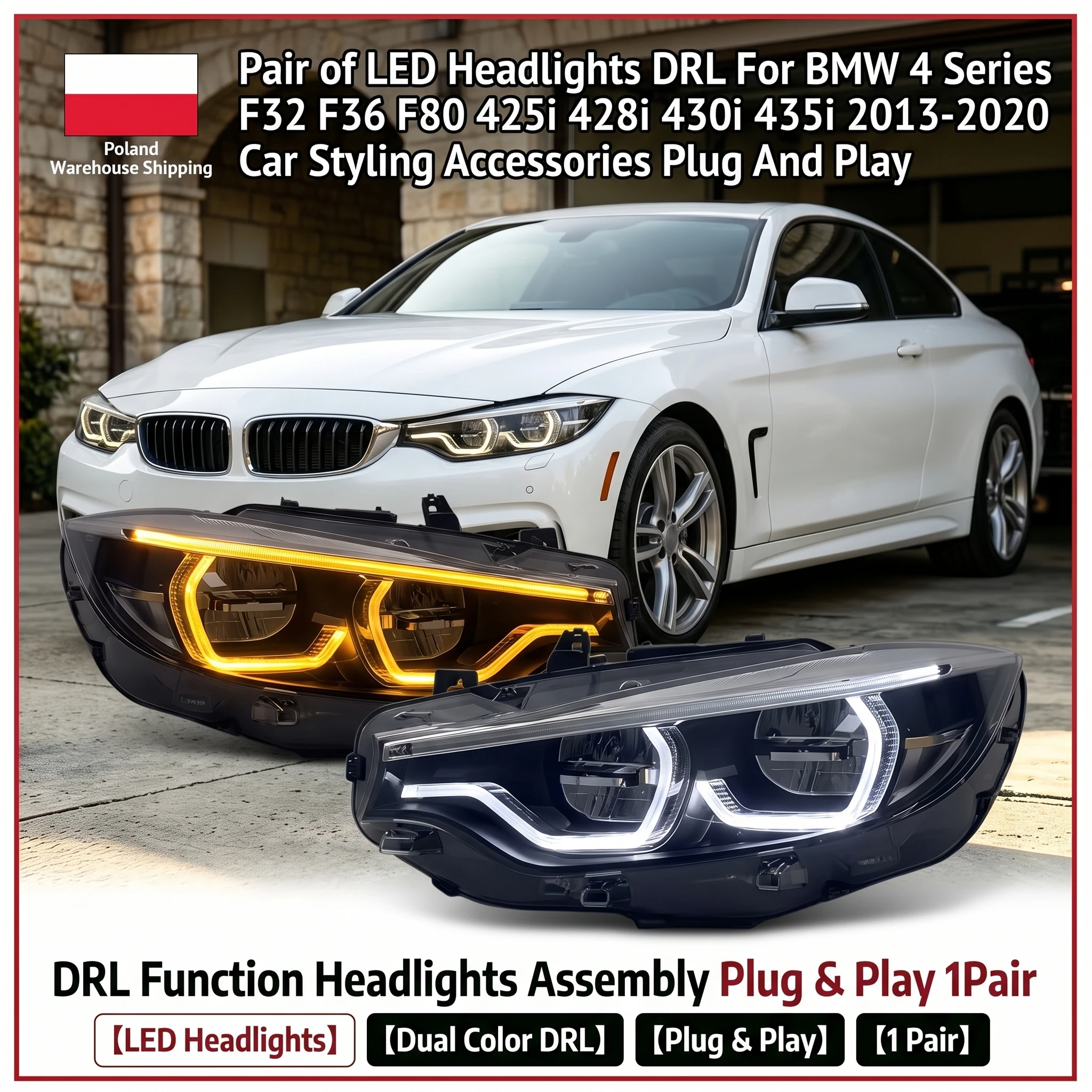 EU-Lager Gelbe Angel Eyes LED-Scheinwerfer-Baugruppe 1 Paar für BMW 4er F32 F36 F80 428i 430i 435i 2013-2020 Plug & Play DRL Frontscheinwerfer