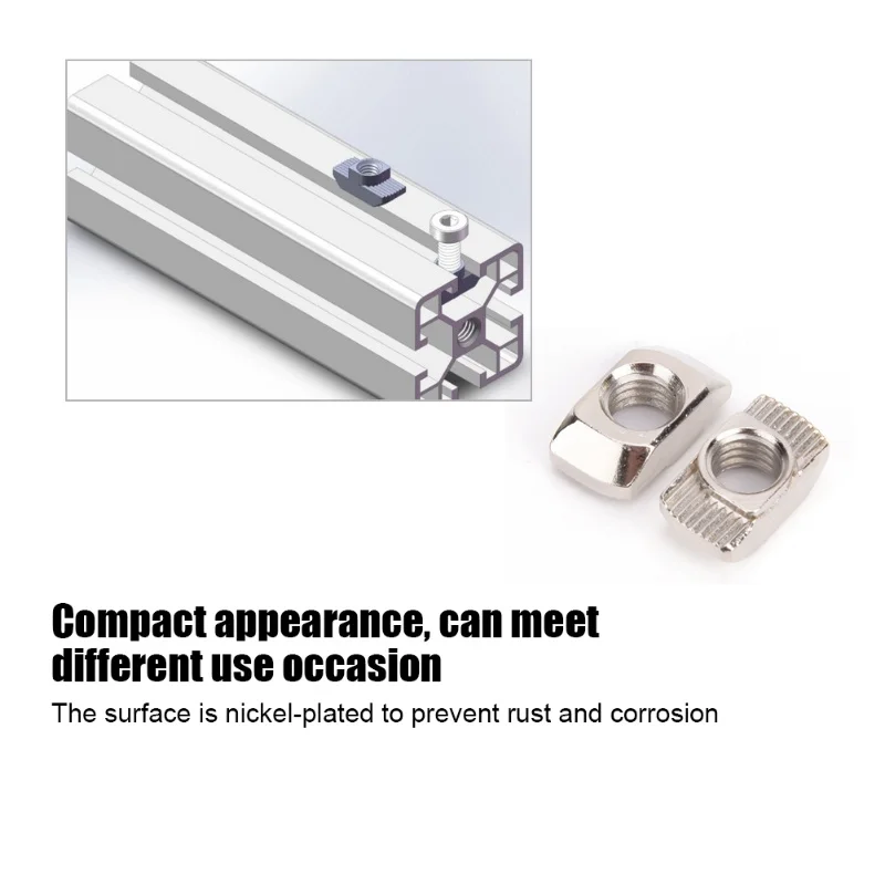 100 ชิ้น น็อตแบบ T-slot ชุบนิกเกิล เหล็กกล้าคาร์บอน ตัวล็อคแบบเลื่อน สำหรับโปรไฟล์อะลูมิเนียม (M8)