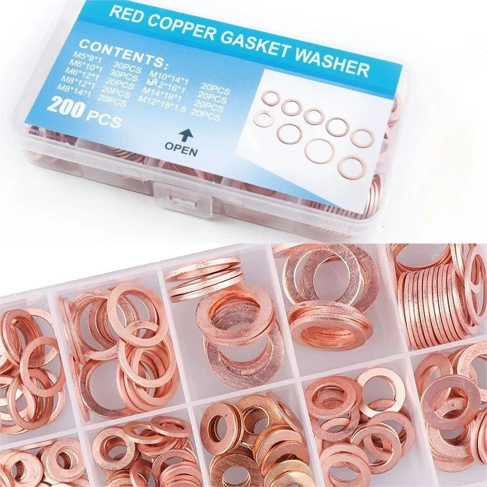 200pcs Flat Copper Washers Set M5/M6/M8/M10/M12/M14, Copper ring Washers Gasket Sealing spacer Assortment Kit,for drain oil plug