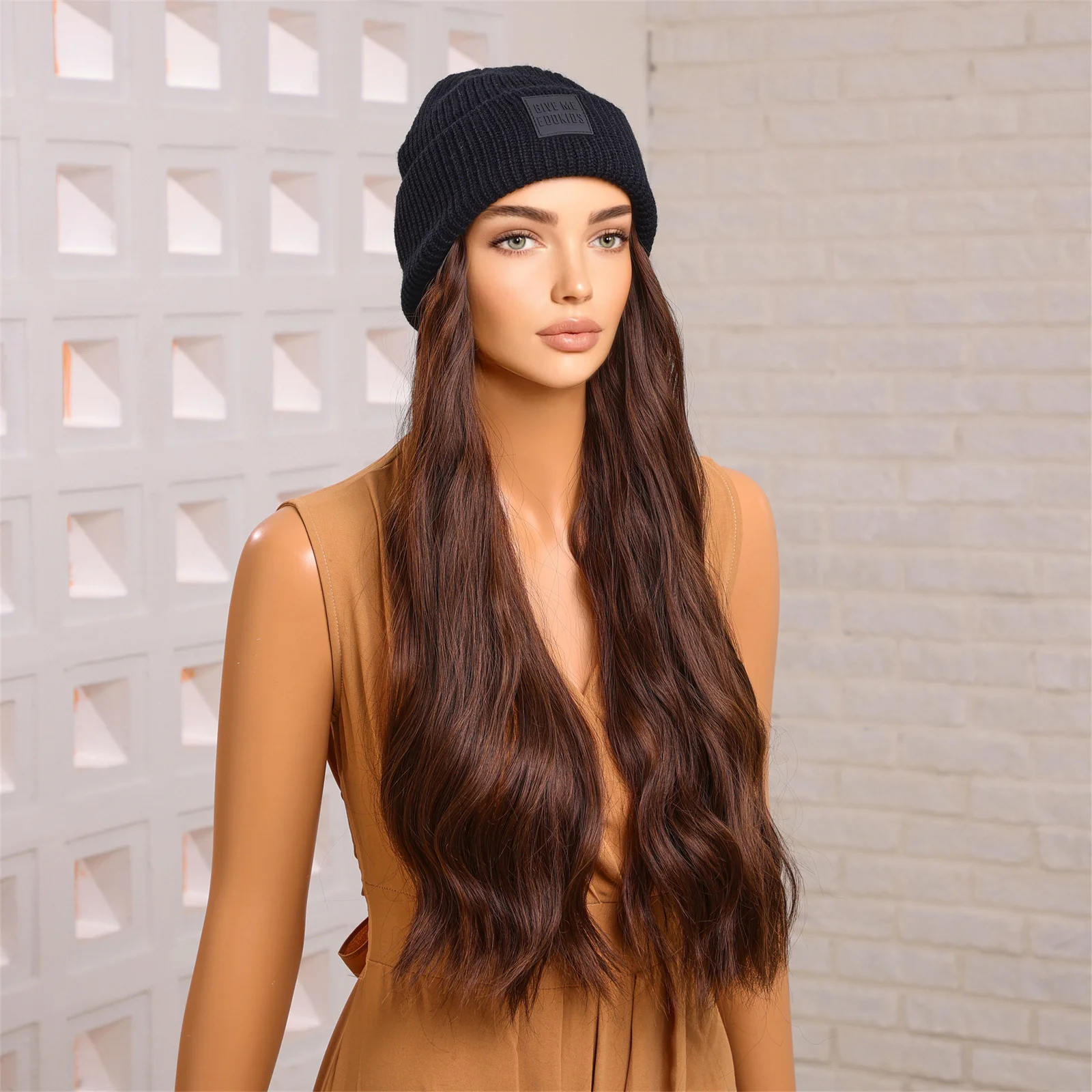 Blonde Unicorn Hat wigs Cap with Hair Hat Wig Brown Body Wavy Wig Connect Synthetic Hair Women Daily Party High Temperature