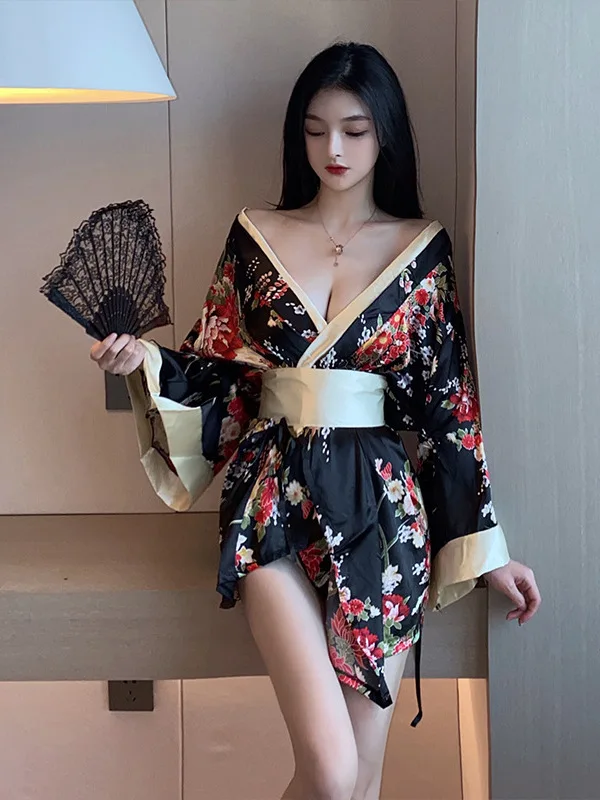 2023 Spring Women\'s New Japanese Style Kimono Uniform Waist retraction Bow printing Batwing Sleeve V-Neck low-cut Dress OO99