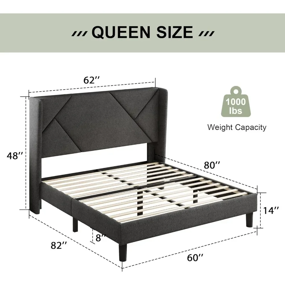 Estrutura moderna da cama da rainha com wingback, cama estofada minimalista da plataforma, espaço de armazenamento 8 polegadas, nenhuma mola, fácil ao conjunto