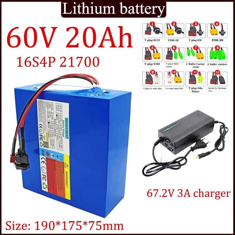 NEW 21700 60V 20Ah lithium battery pack + 67.2V 3A charger 16S4P 1000W-3000W Power tools, spare battery built-in BMS+ charger