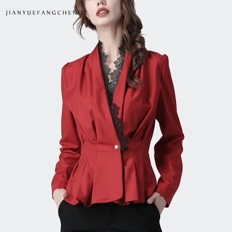 Fashion V-neck Lace Trims Women Jacket Female Spring Summer Casual Blazer Elegant Slim Long Sleeve Single-button Retro Coat