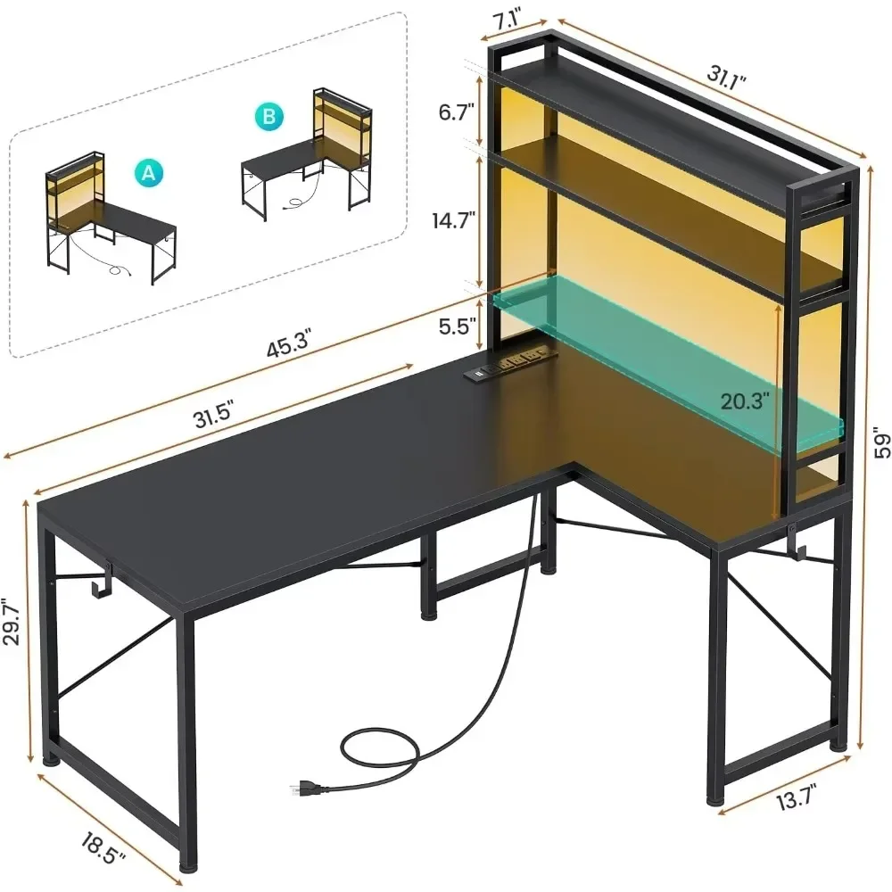 

L Shaped Gaming Desk, Reversible 45.3” Small Corner Desk with Power Outlet and LED Lights, Corner Gaming Desk