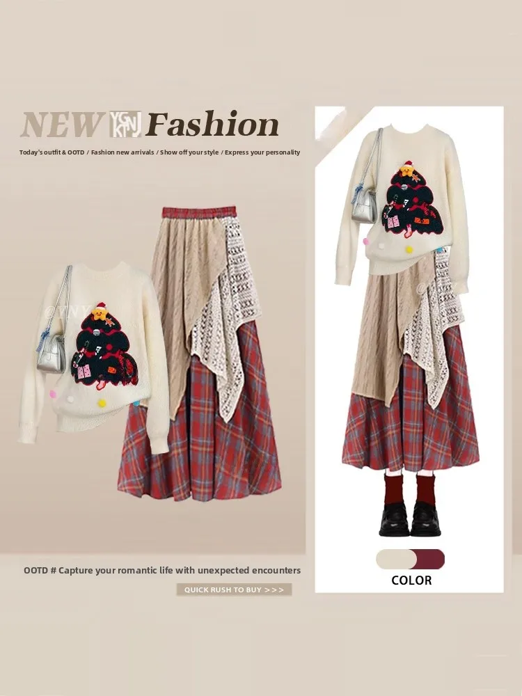 Unico bellissimo maglione albero di Cisas e set gonna scozzese per donna inverno sciolto rotondo Ne vita alta Faion Ensemble