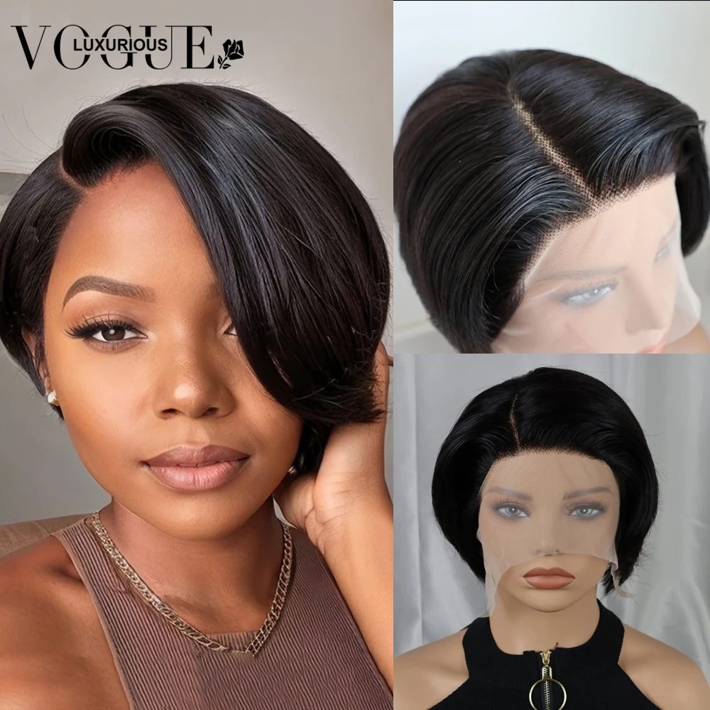 

Black Short Bob Remy Human Hair L Part Lace Front Wig For Women Straight Pixie Cut Transparent Side Part Lace Wigs Pre Plucked